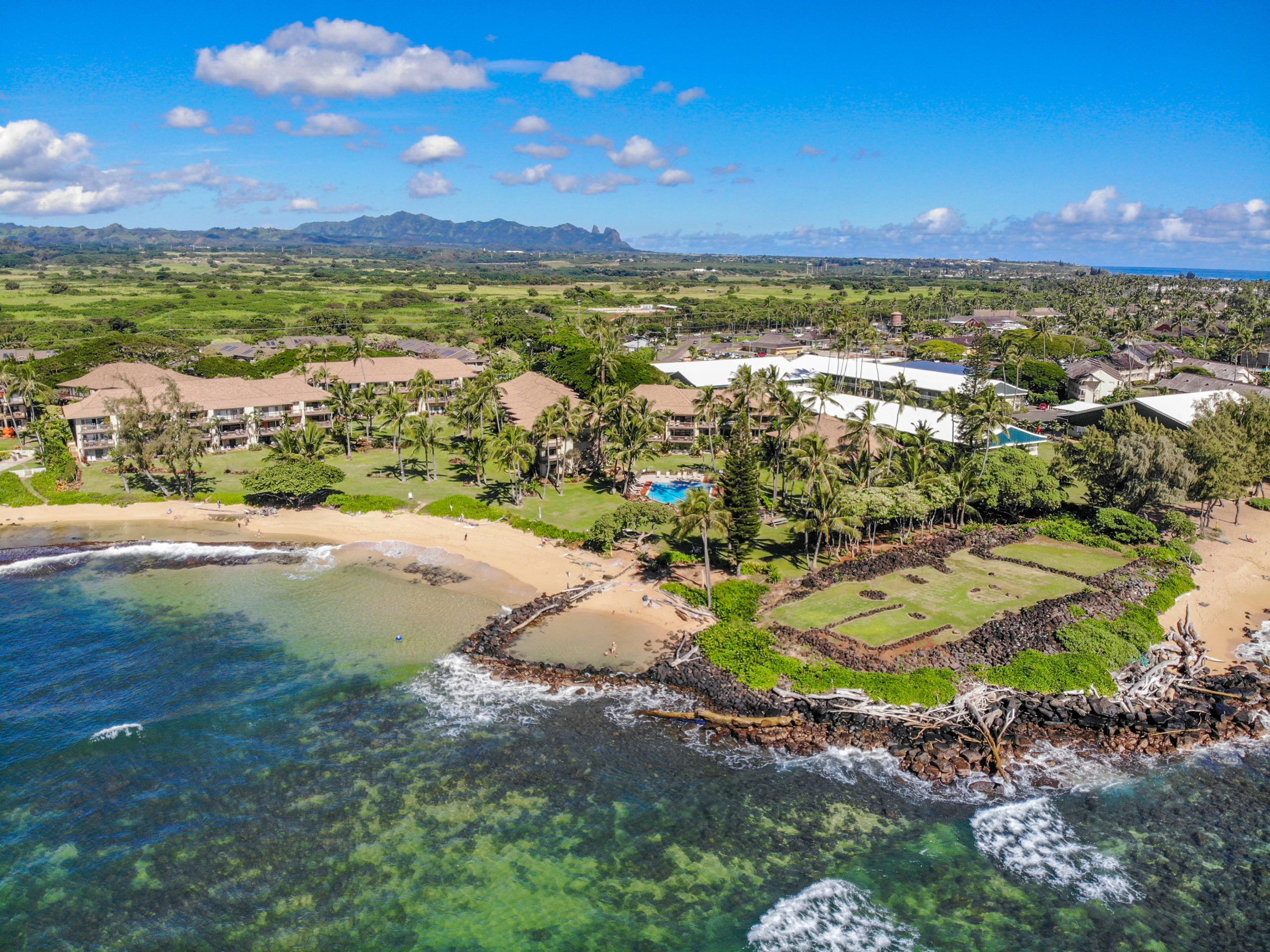 Aerial shot of our apartment vacation rentals in Kauai.